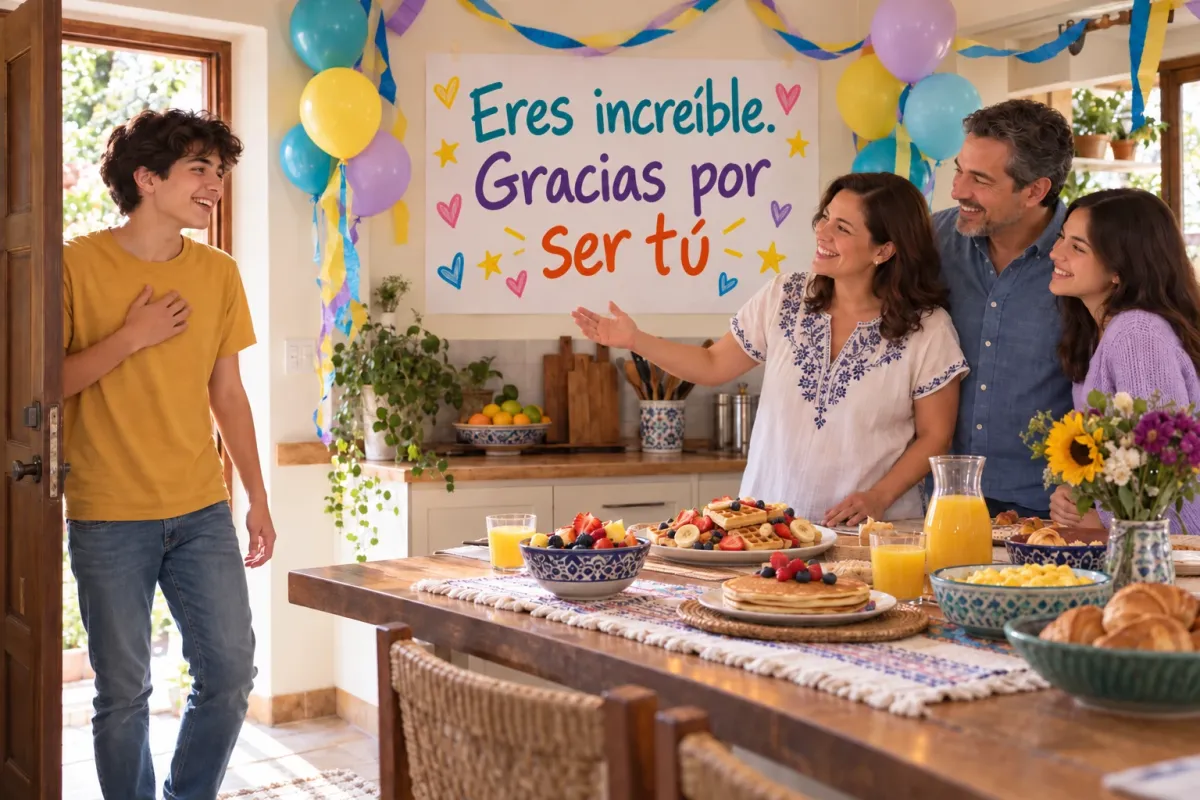 Una mamá, un papá y su hija reciben a su hijo adolescente en la cocina con globos, un desayuno y un letrero que dice «Eres increíble. Gracias por ser tú»