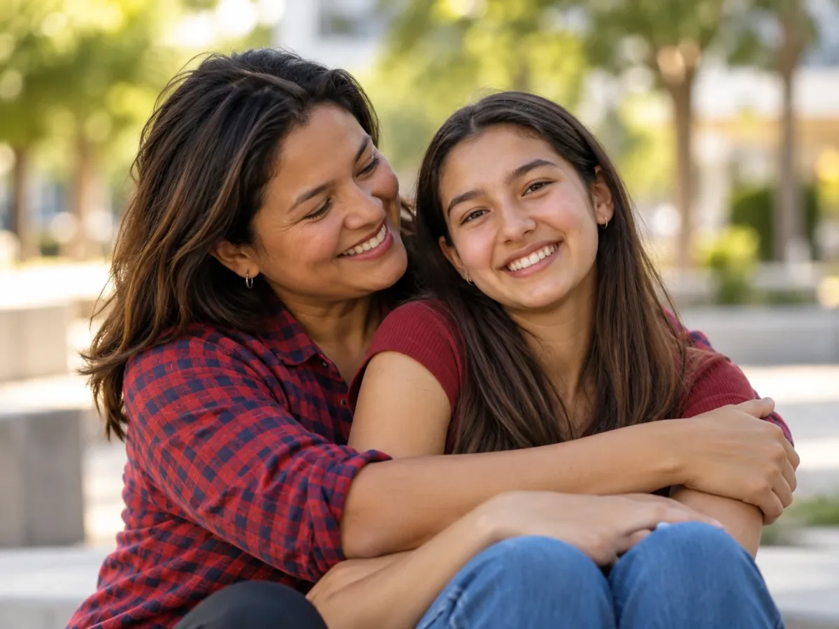 Una mamá abraza por la espalda a su hija adolescente; las dos sonríen sentadas al aire libre