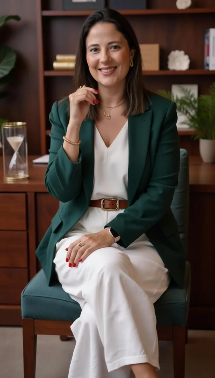 Juliana Ferreira sentada en su consultorio, con saco verde y pantalón blanco