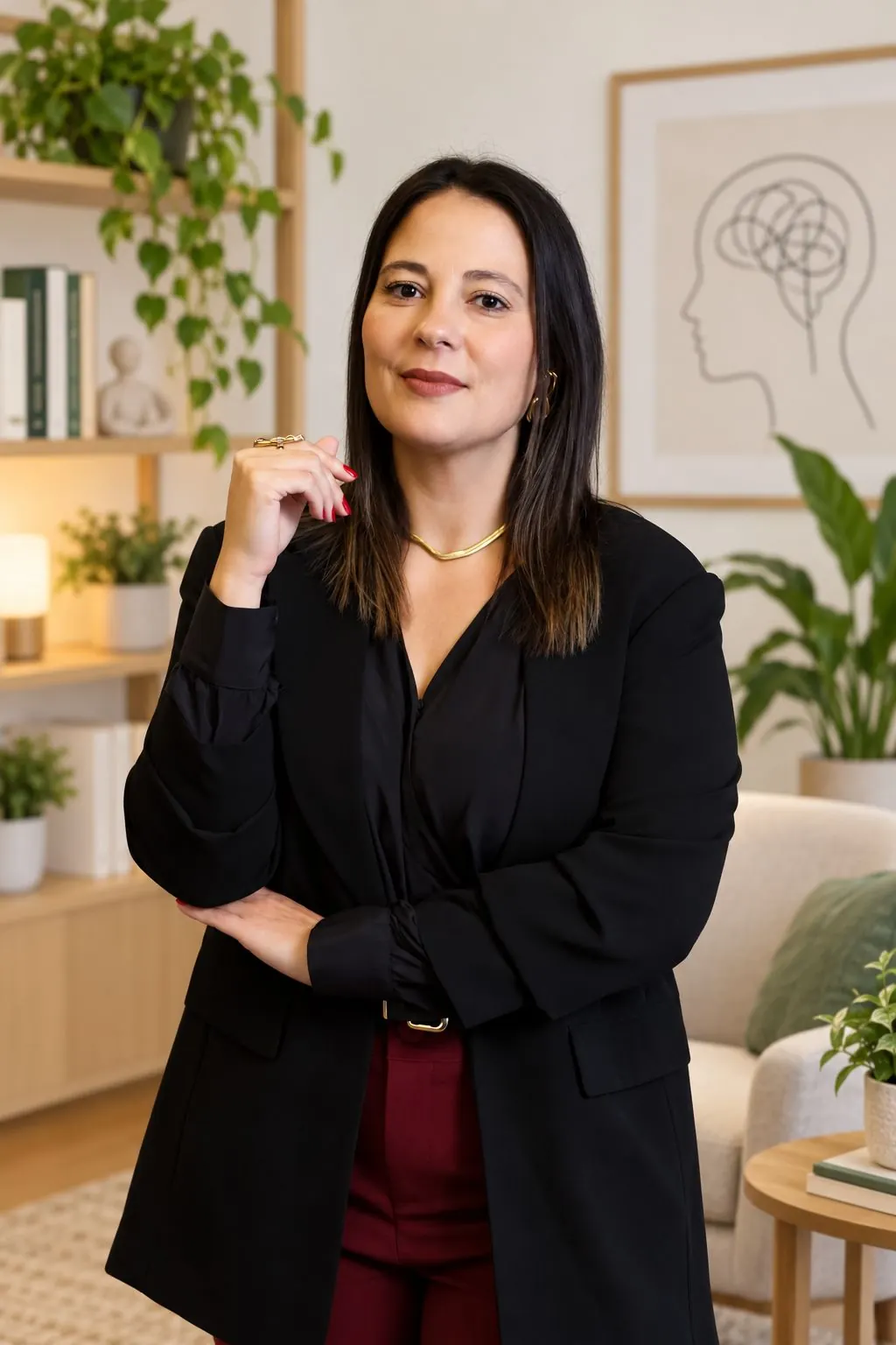 Juliana Ferreira de pie con saco negro en un espacio con libros y plantas